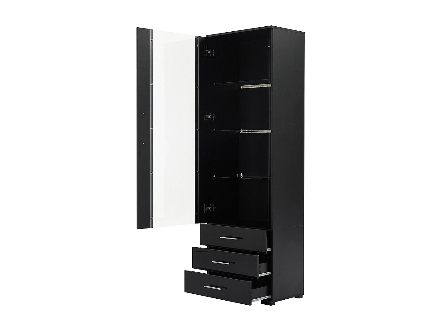 Vitrine noire brillante verre pied éclairage LED verticale 3 tiroirs
