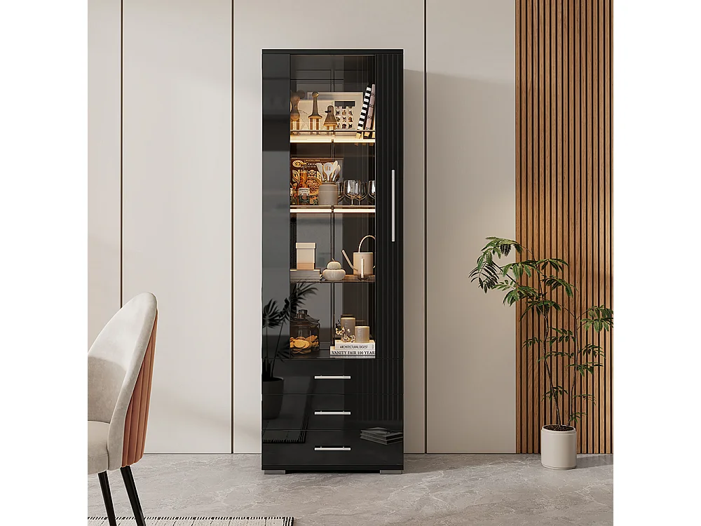 Vitrine noire brillante verre pied éclairage LED verticale 3 tiroirs