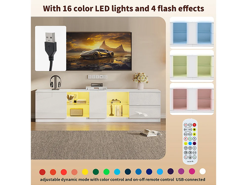 Meuble TV commode brillante buffet éclairage LED bas téléviseurs 65 pouces salon chambre blanc