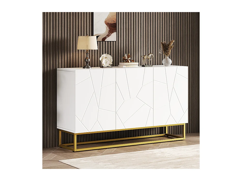 Buffet brillant moderne 4 compartiments largeur 130 cm blanc+or
