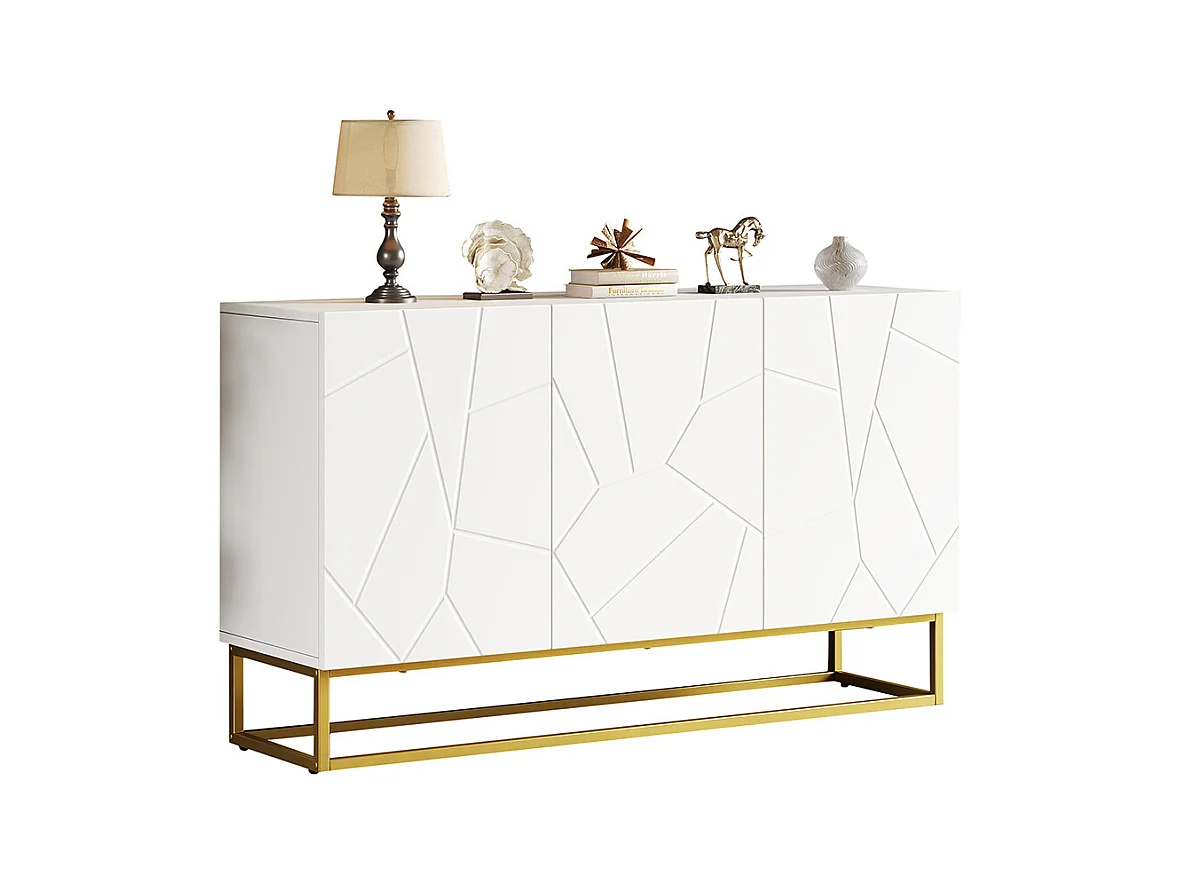 Buffet brillant moderne 4 compartiments largeur 130 cm blanc+or