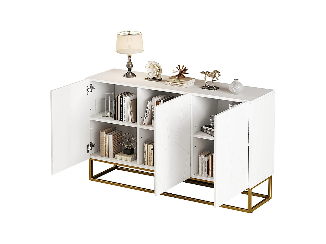 Buffet brillant moderne 4 compartiments largeur 130 cm blanc+or