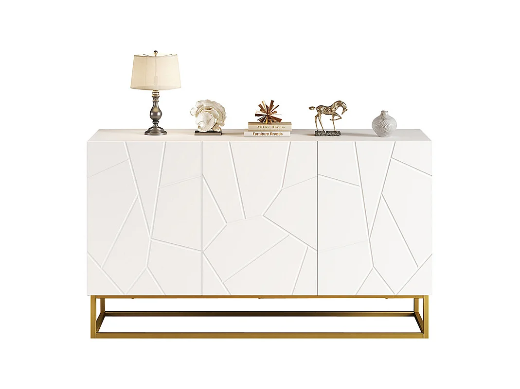 Buffet brillant moderne 4 compartiments largeur 130 cm blanc+or