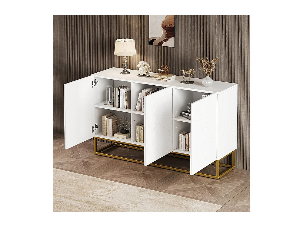 Buffet brillant moderne 4 compartiments largeur 130 cm blanc+or