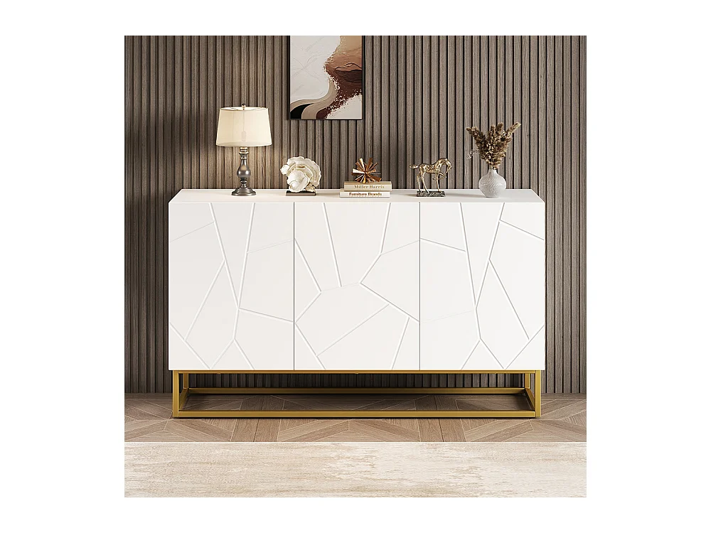 Buffet brillant moderne 4 compartiments largeur 130 cm blanc+or