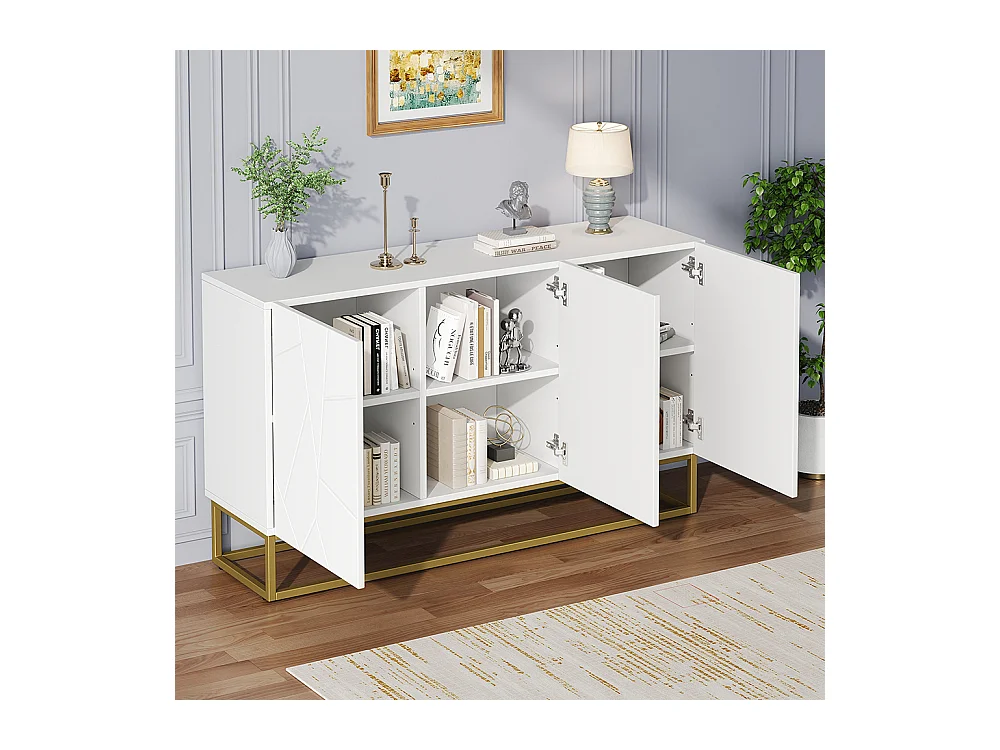 Buffet brillant moderne 4 compartiments largeur 130 cm blanc+or
