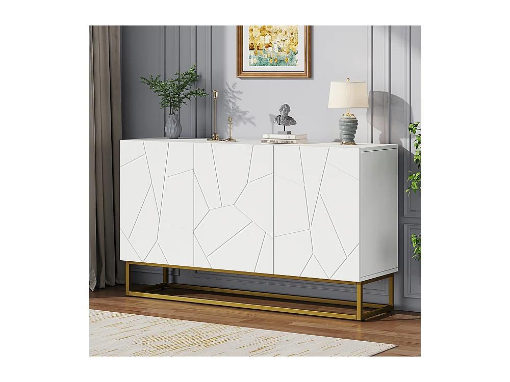 Buffet brillant moderne 4 compartiments largeur 130 cm blanc+or