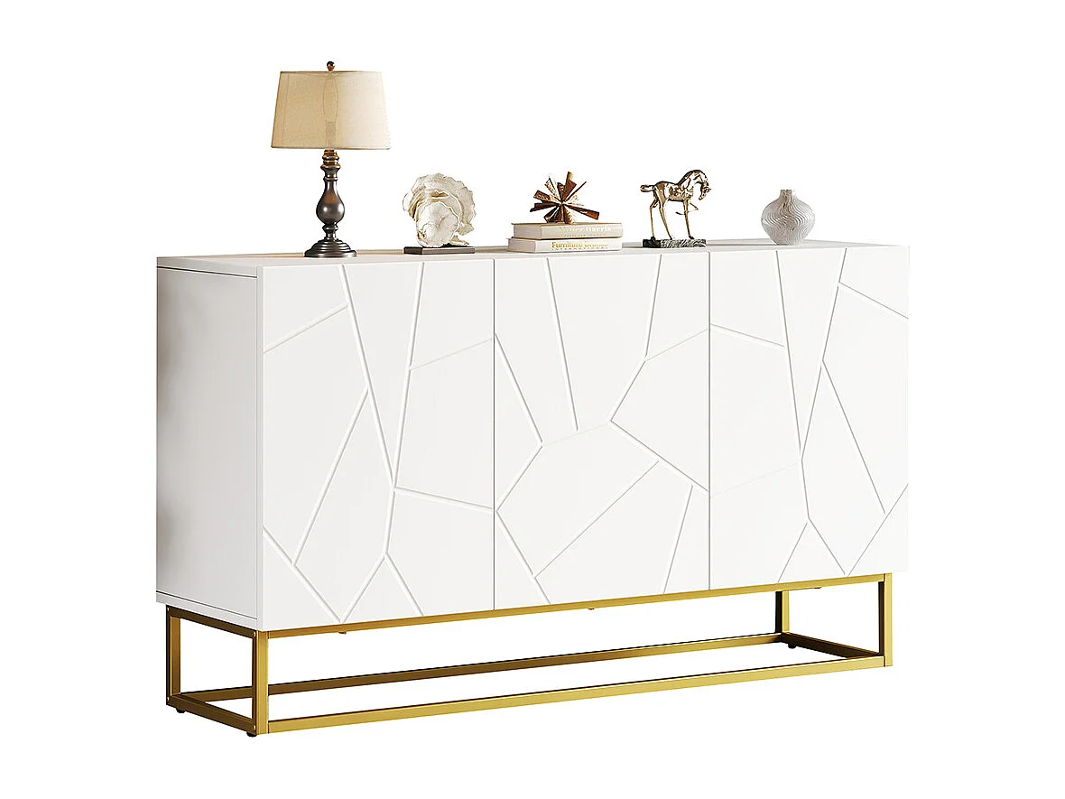 Buffet brillant moderne 4 compartiments largeur 130 cm blanc+or