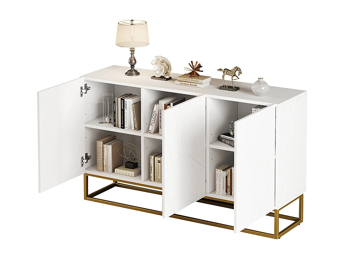 Buffet brillant moderne 4 compartiments largeur 130 cm blanc+or