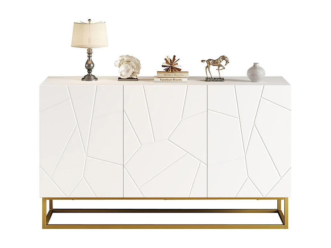 Buffet brillant moderne 4 compartiments largeur 130 cm blanc+or