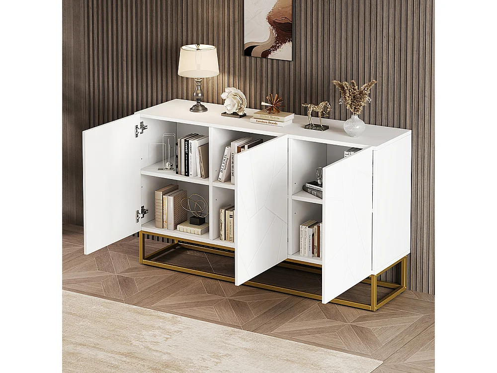 Buffet brillant moderne 4 compartiments largeur 130 cm blanc+or