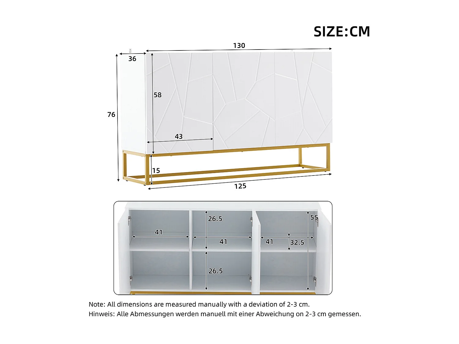 Buffet brillant moderne 4 compartiments largeur 130 cm blanc+or