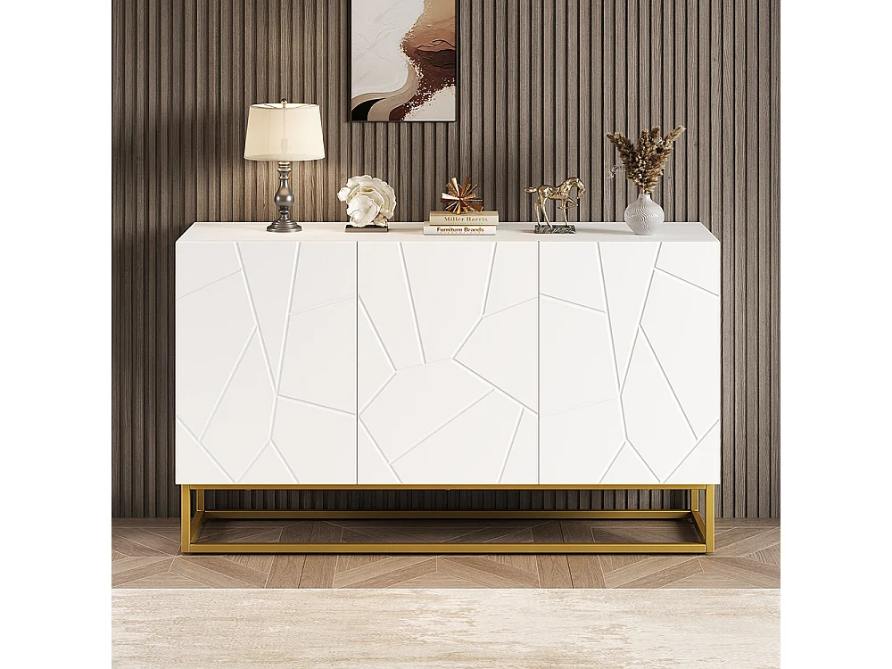 Buffet brillant moderne 4 compartiments largeur 130 cm blanc+or
