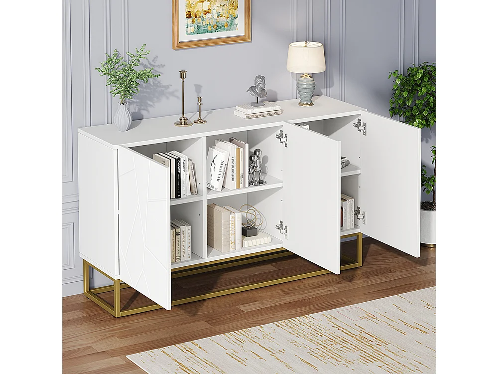 Buffet brillant moderne 4 compartiments largeur 130 cm blanc+or