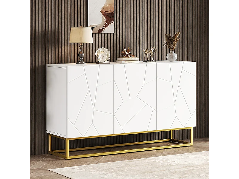 Buffet brillant moderne 4 compartiments largeur 130 cm blanc+or