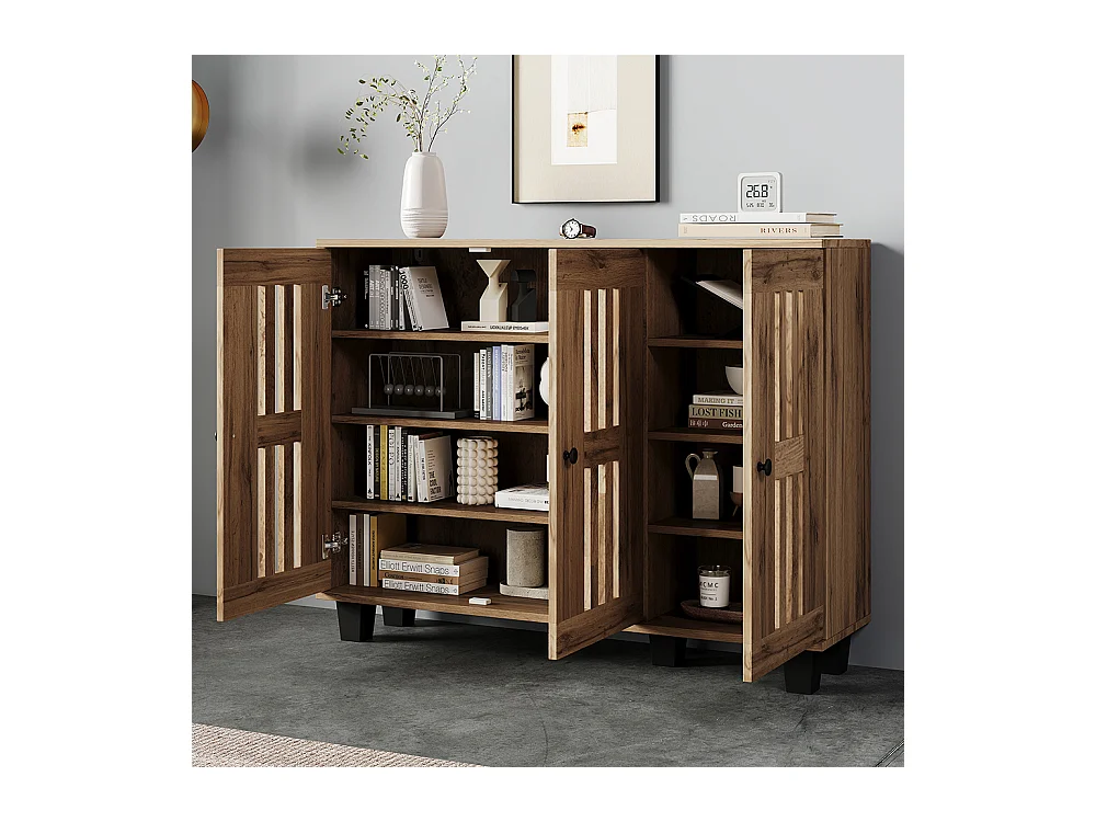 Buffet meuble appoint table appoint salon armoire large 3 portes 8 compartiments naturel