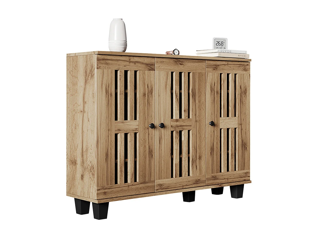 Buffet meuble appoint table appoint salon armoire large 3 portes 8 compartiments naturel