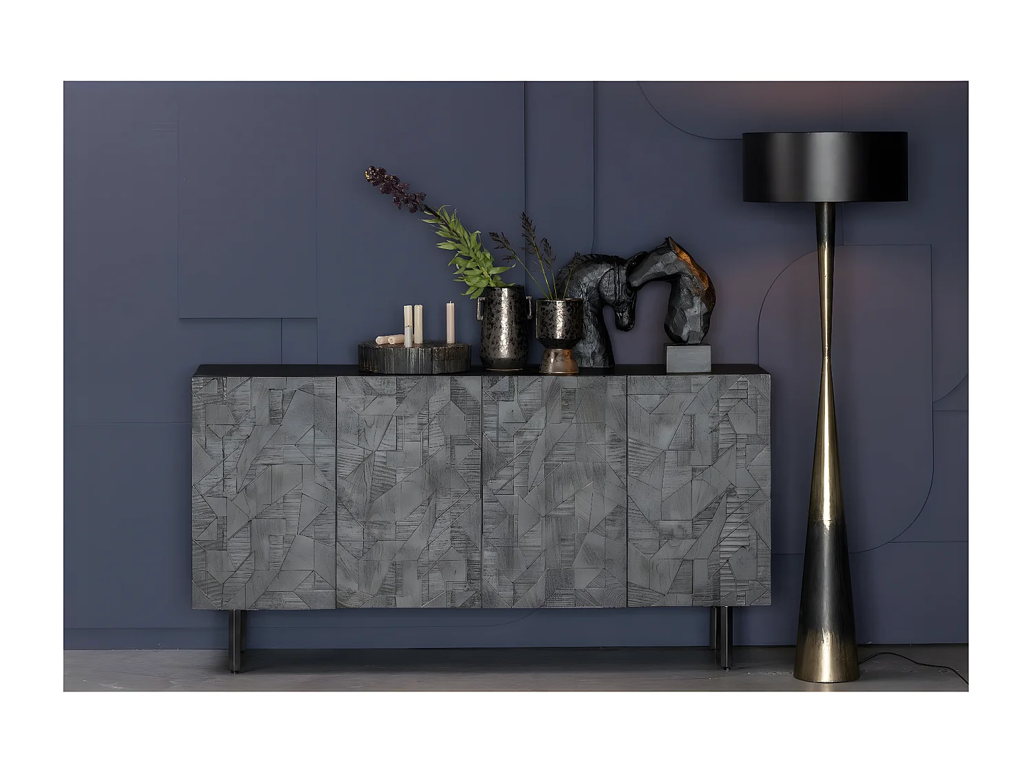 COUNTER - Geschnitztes Buffet aus Holz, schwarz L160