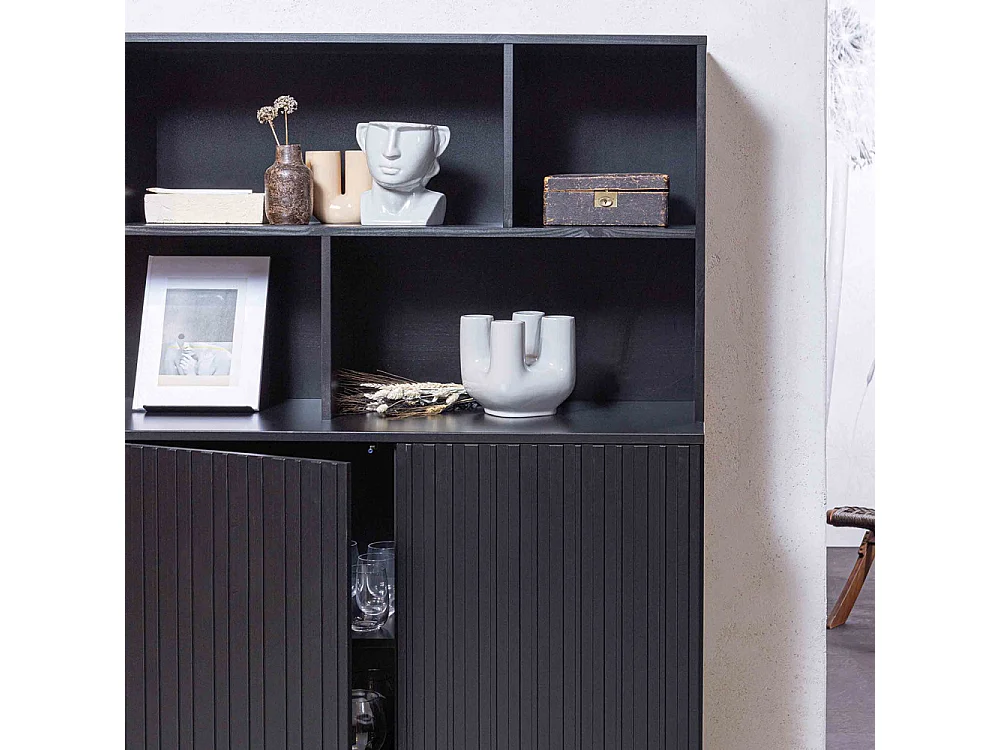 New Gravure - Buffet en bois 7 niches L200cm - Noir
