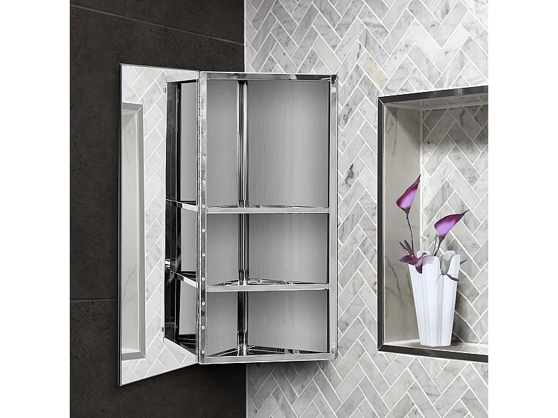 Armoire miroir salle de bain armoire de toilette murale meuble d'angle 2 étagères dim. 30L x 18,4l x 60H cm acier inox.
