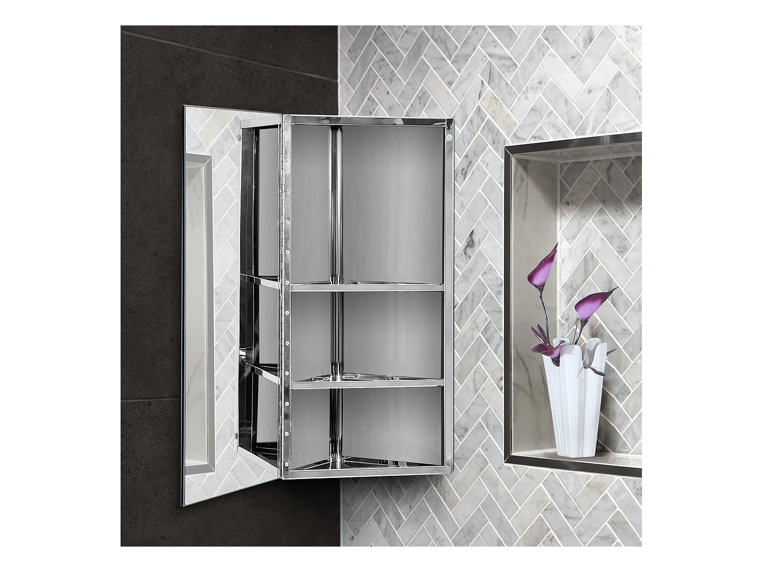 Armoire miroir salle de bain armoire de toilette murale meuble d'angle 2 étagères dim. 30L x 18,4l x 60H cm acier inox.