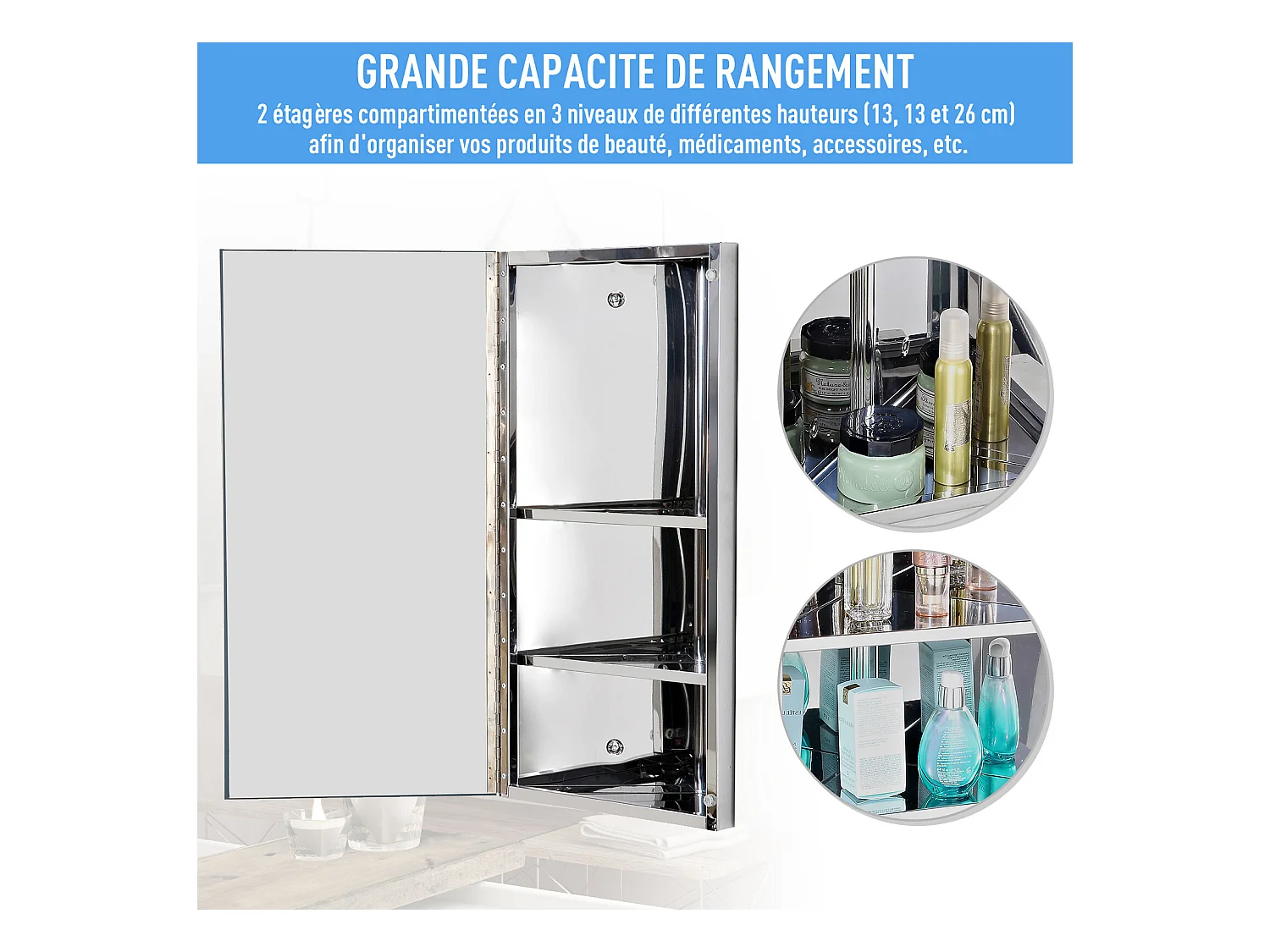 Armoire miroir salle de bain armoire de toilette murale meuble d'angle 2 étagères dim. 30L x 18,4l x 60H cm acier inox.