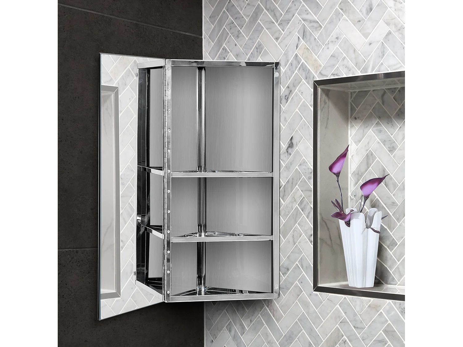 Armoire miroir salle de bain armoire de toilette murale meuble d'angle 2 étagères dim. 30L x 18,4l x 60H cm acier inox.