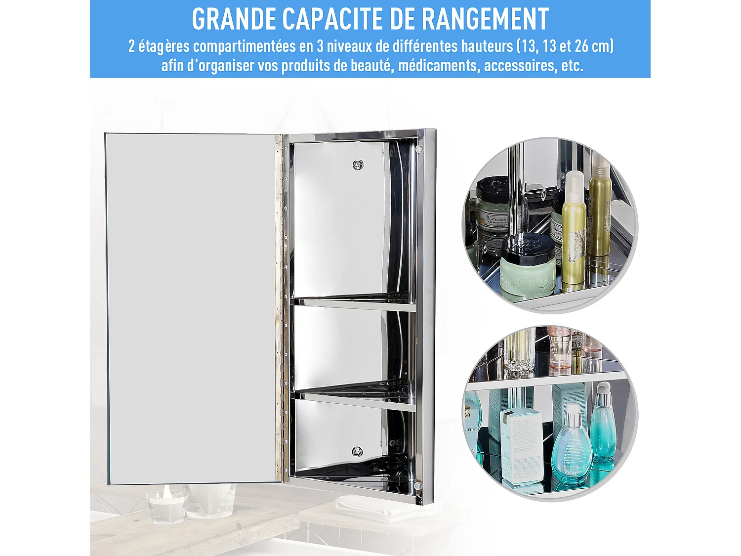 Armoire miroir salle de bain armoire de toilette murale meuble d'angle 2 étagères dim. 30L x 18,4l x 60H cm acier inox.