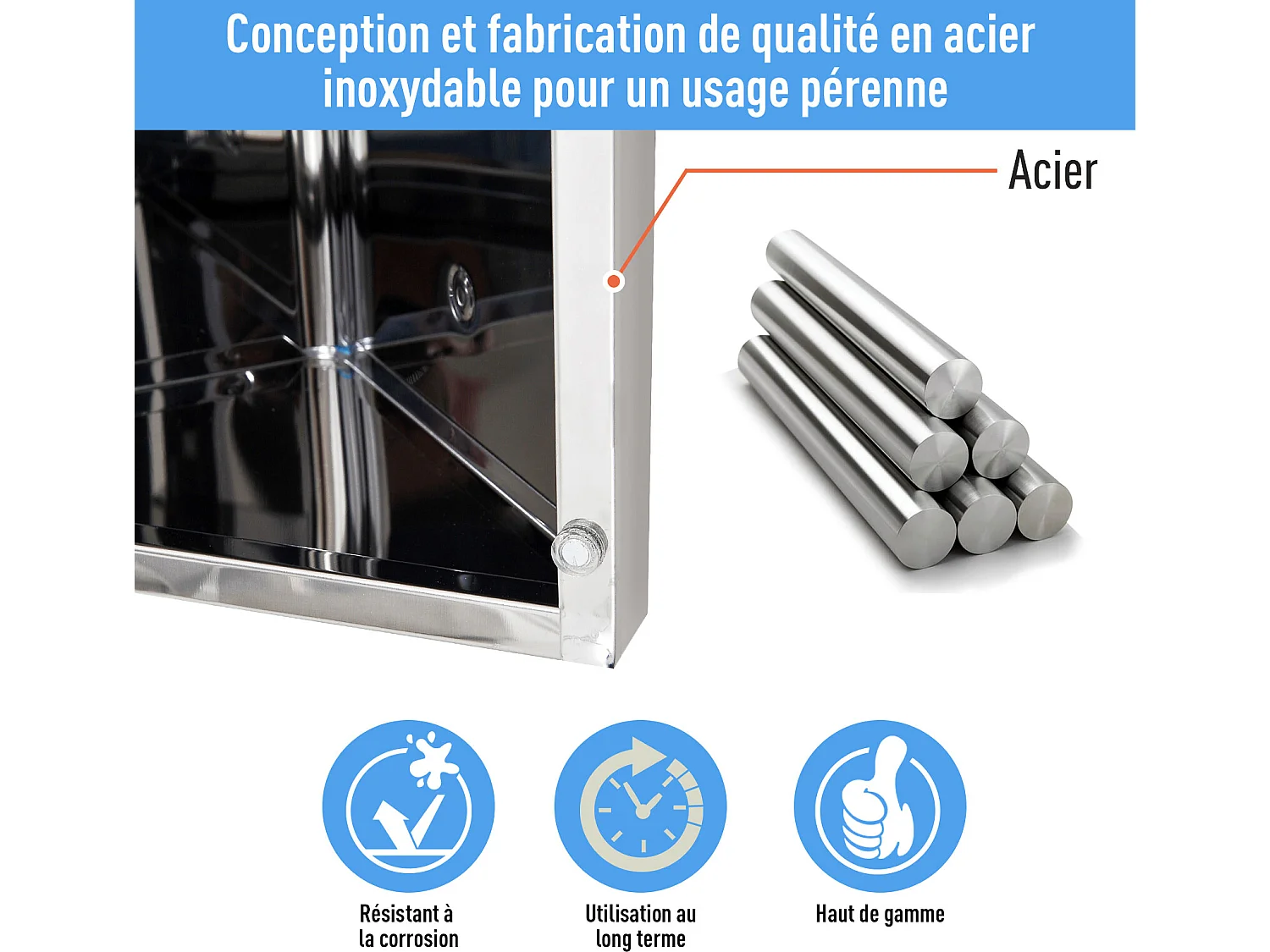 Armoire miroir salle de bain armoire de toilette murale meuble d'angle 2 étagères dim. 30L x 18,4l x 60H cm acier inox.