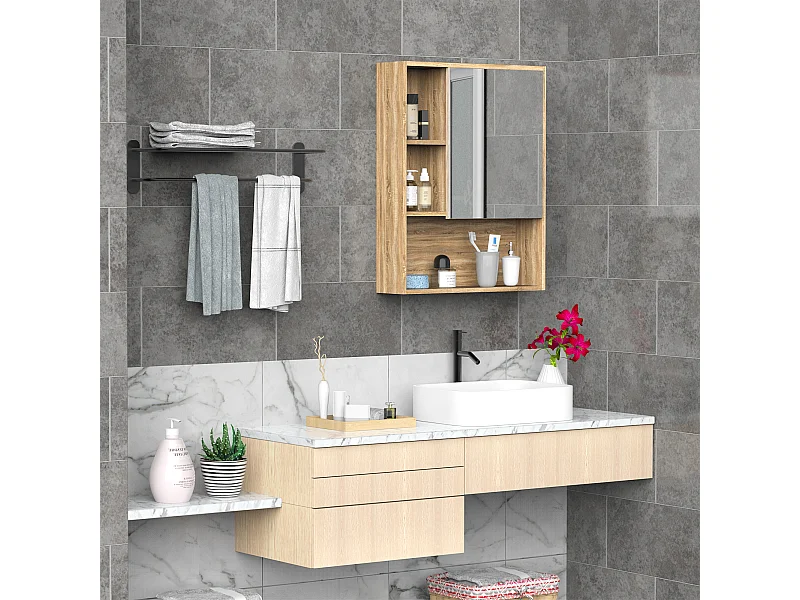 Armoire murale de rangement salle de bain avec porte miroir couleur bois de chêne dim. 60L x 15l x H76 cm