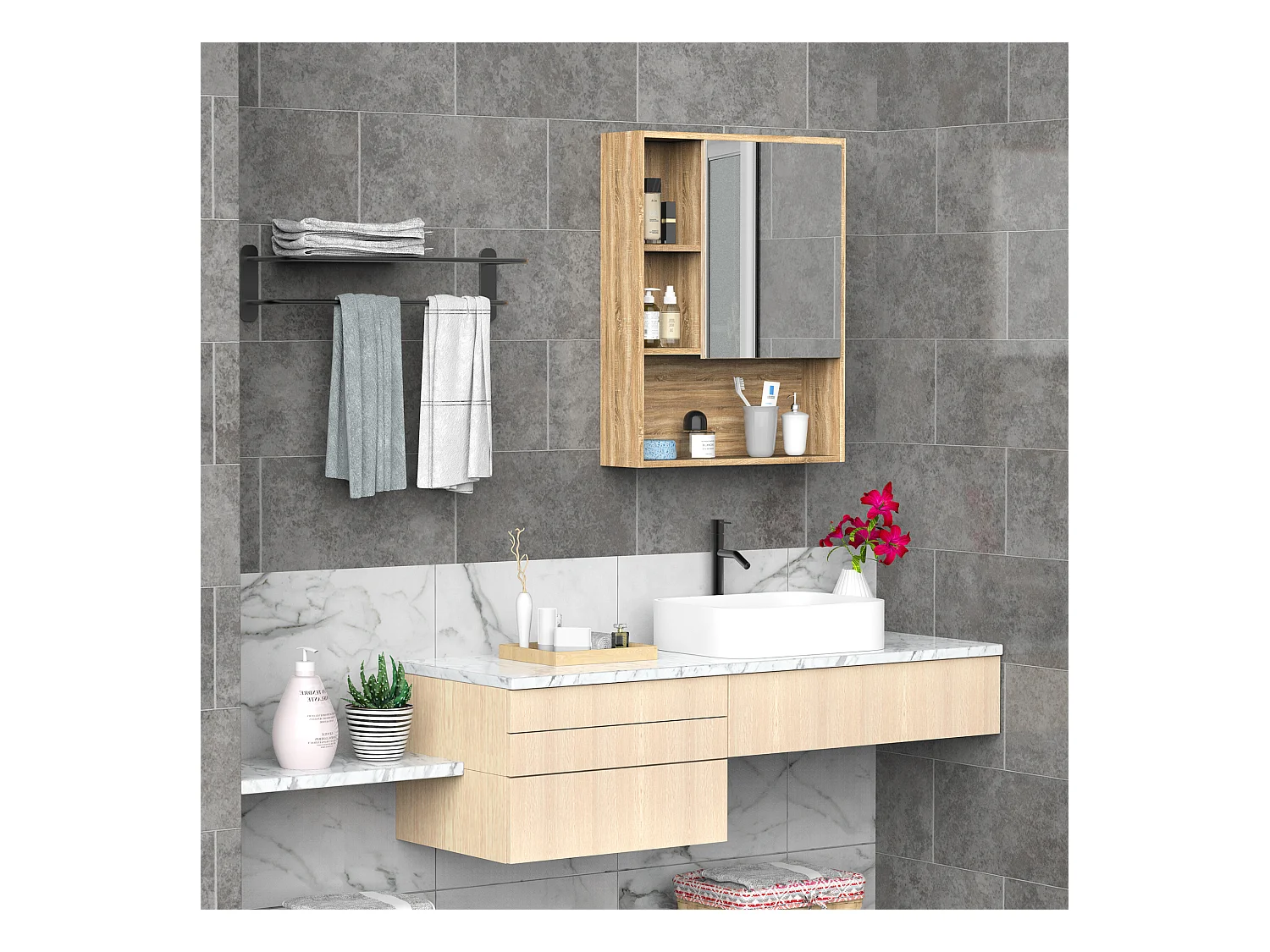 Armoire murale de rangement salle de bain avec porte miroir couleur bois de chêne dim. 60L x 15l x H76 cm
