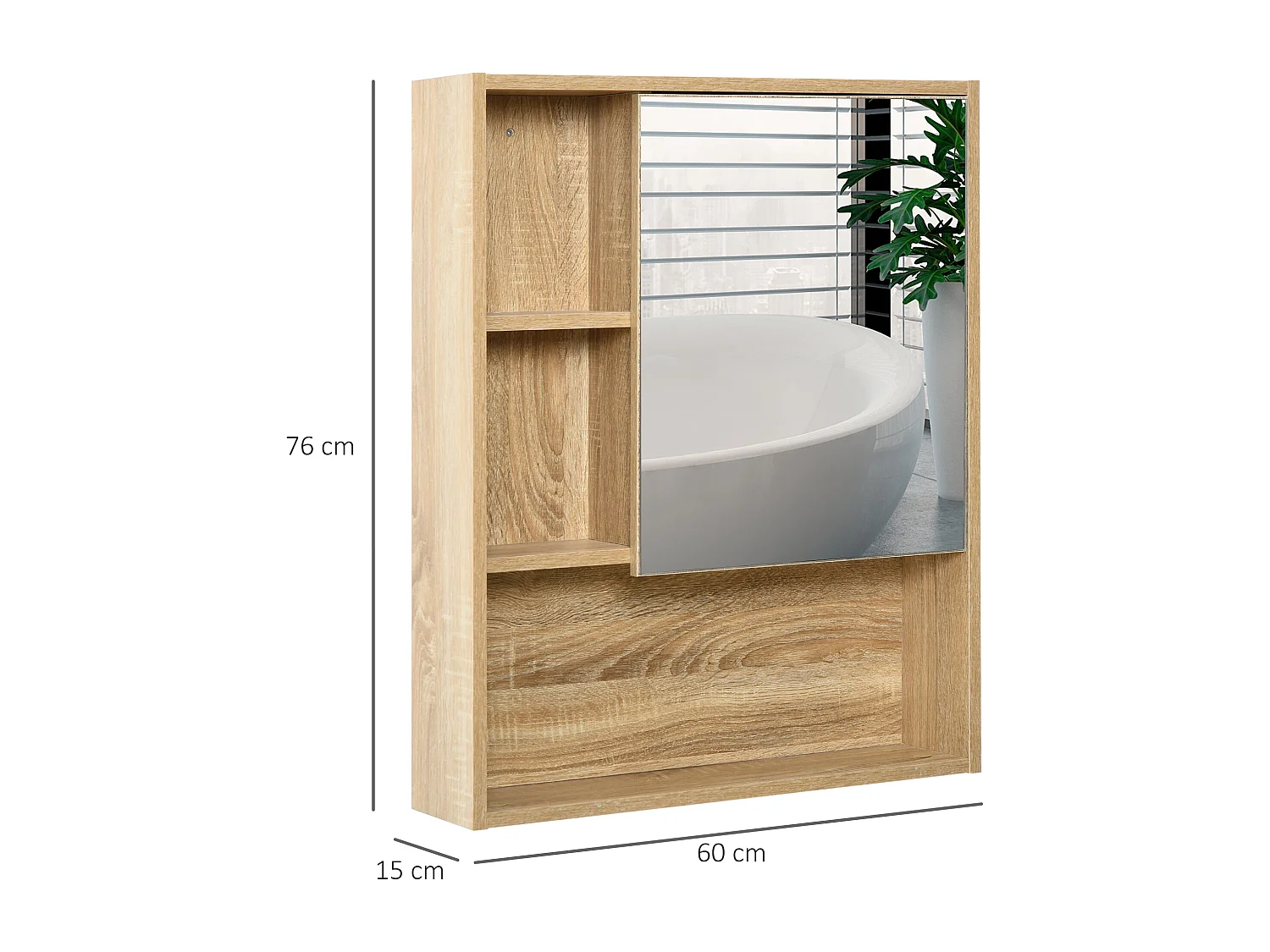 Armoire murale de rangement salle de bain avec porte miroir couleur bois de chêne dim. 60L x 15l x H76 cm