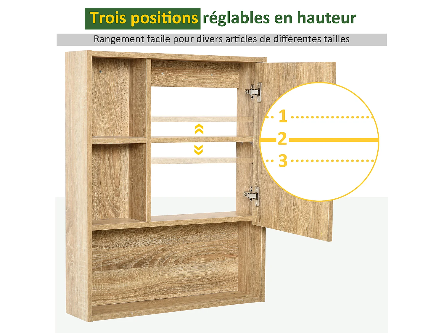 Armoire murale de rangement salle de bain avec porte miroir couleur bois de chêne dim. 60L x 15l x H76 cm