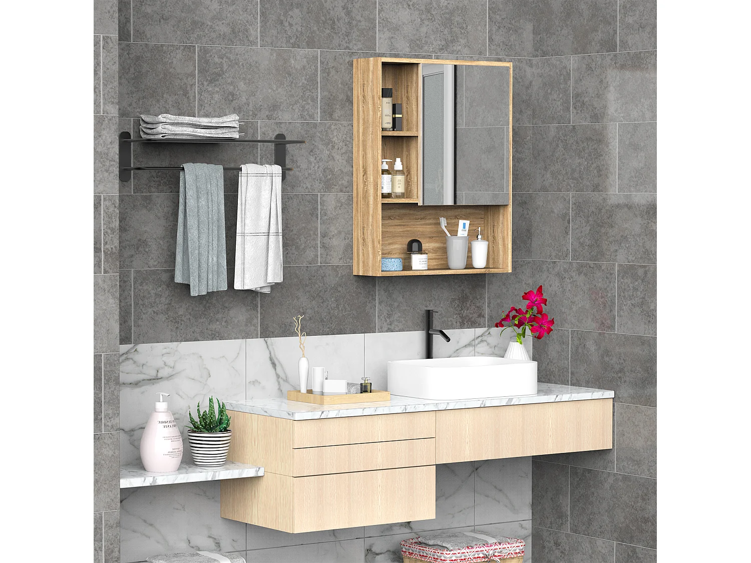 Armoire murale de rangement salle de bain avec porte miroir couleur bois de chêne dim. 60L x 15l x H76 cm