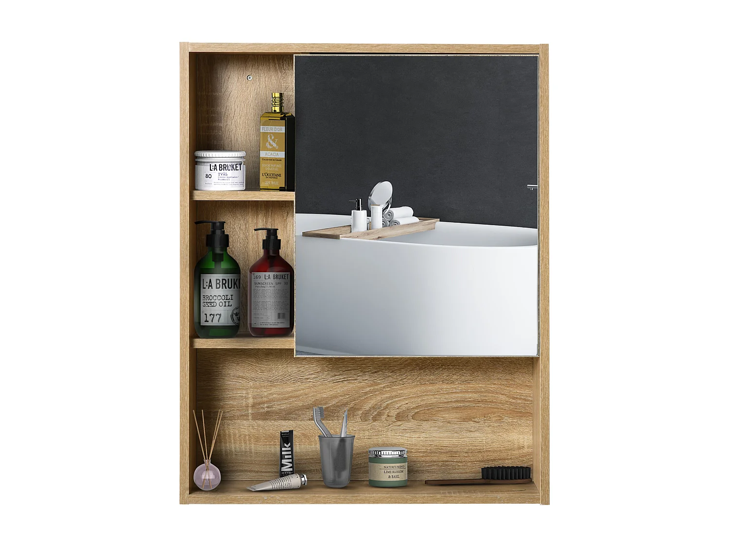 Armoire murale de rangement salle de bain avec porte miroir couleur bois de chêne dim. 60L x 15l x H76 cm