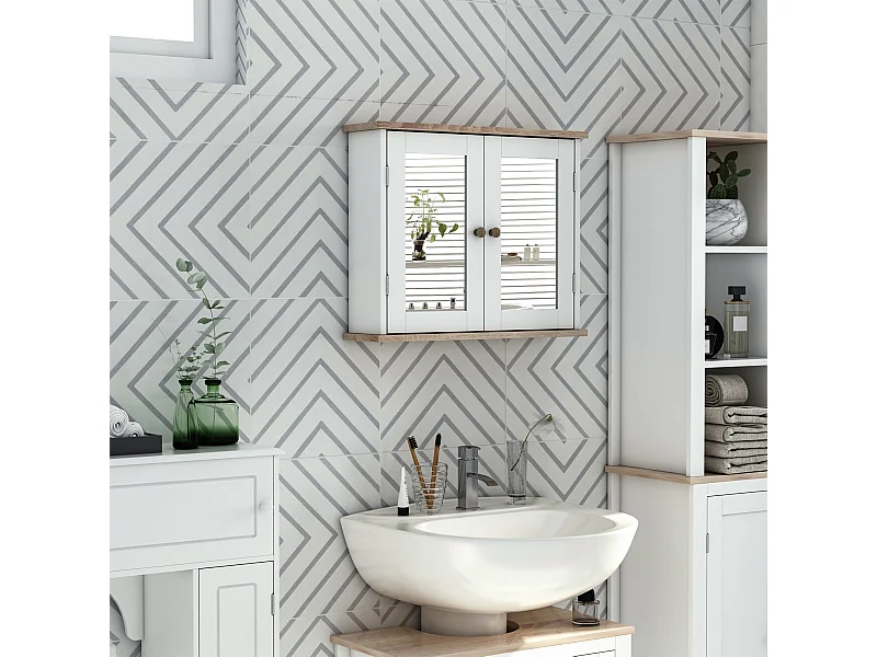 Armoire murale de salle de bain avec étagère réglable et 2 portes avec miroir en MDF - dim. 56I x 14P x 46H cm