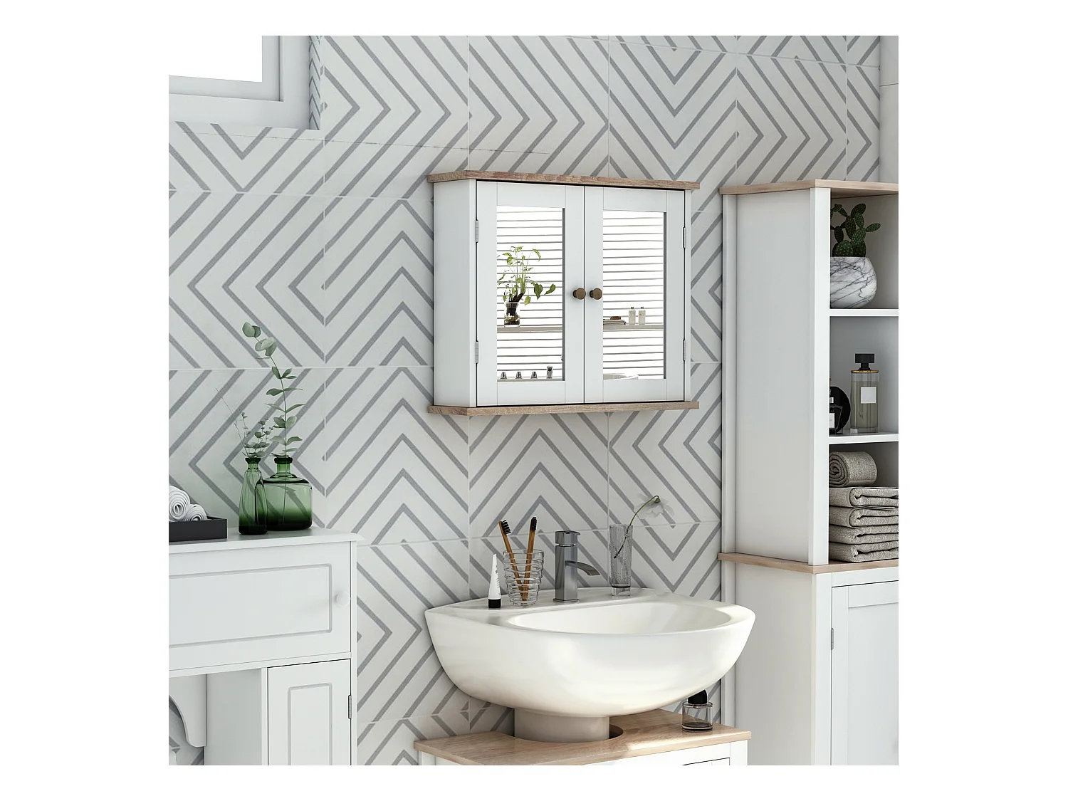 Armoire murale de salle de bain avec étagère réglable et 2 portes avec miroir en MDF - dim. 56I x 14P x 46H cm