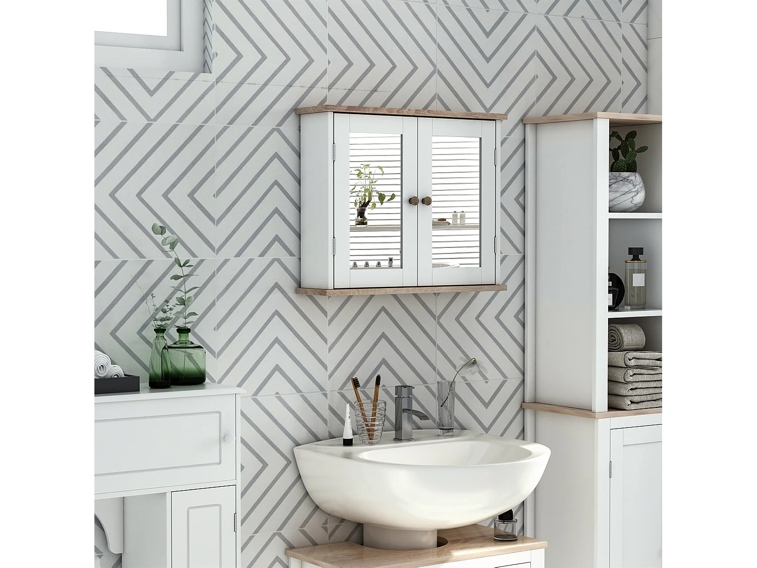 Armoire murale de salle de bain avec étagère réglable et 2 portes avec miroir en MDF - dim. 56I x 14P x 46H cm