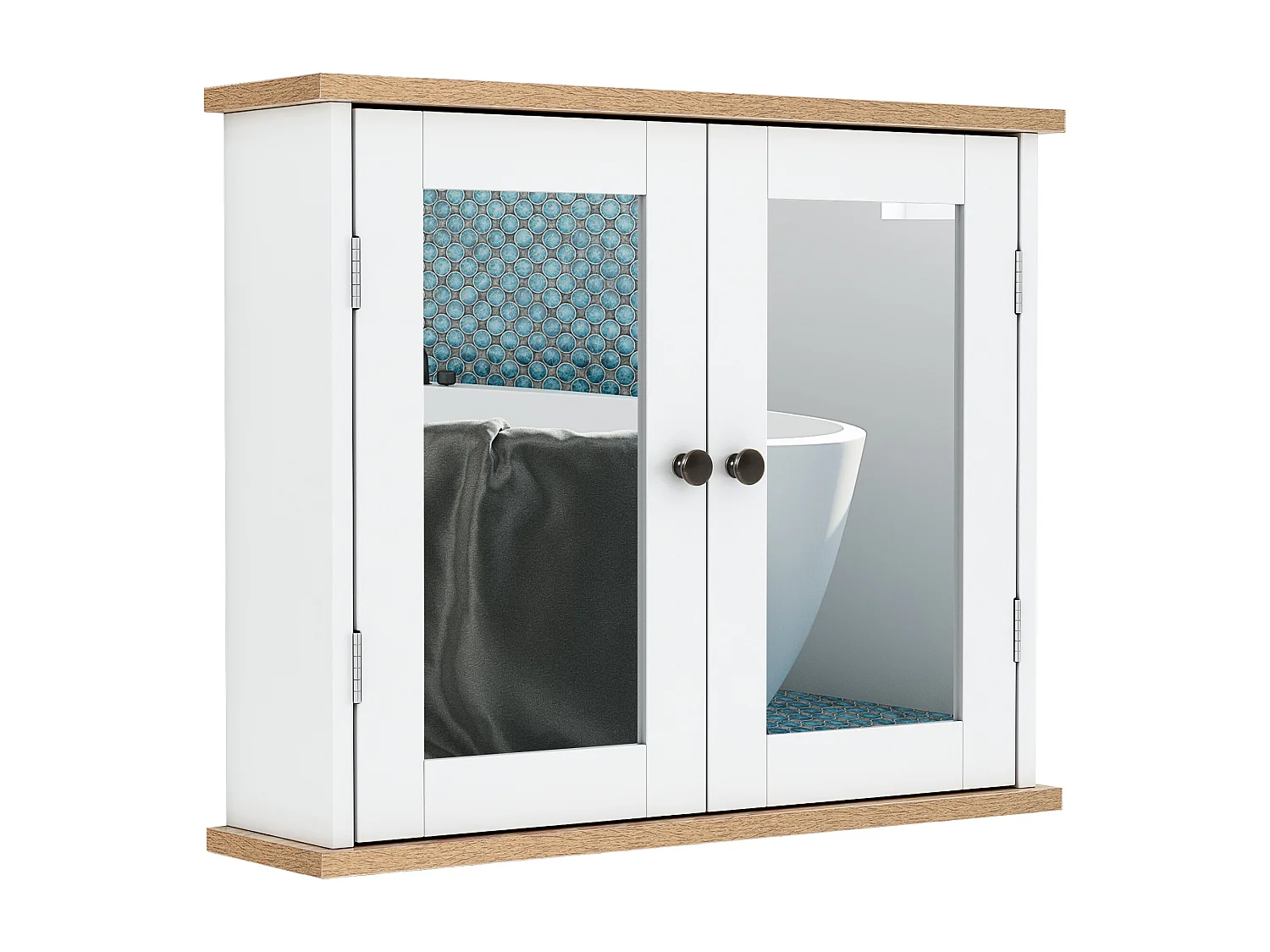 Armoire murale de salle de bain avec étagère réglable et 2 portes avec miroir en MDF - dim. 56I x 14P x 46H cm