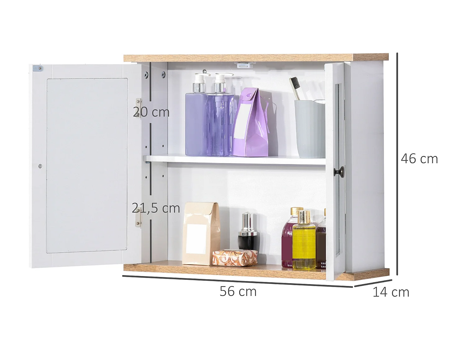 Armoire murale de salle de bain avec étagère réglable et 2 portes avec miroir en MDF - dim. 56I x 14P x 46H cm