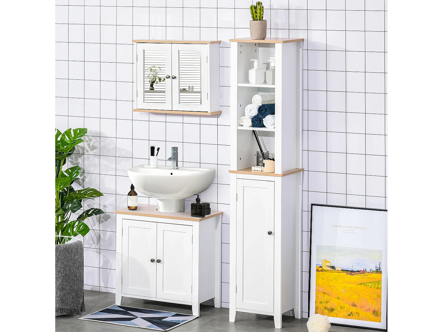 Armoire murale de salle de bain avec étagère réglable et 2 portes avec miroir en MDF - dim. 56I x 14P x 46H cm