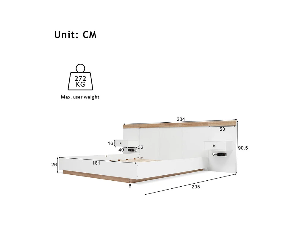 Lit double 180×200cm avec 2 veilleuse LED, 2 tiroirs de chevet à rangement et USB/Type C/Prise eu, Blanc