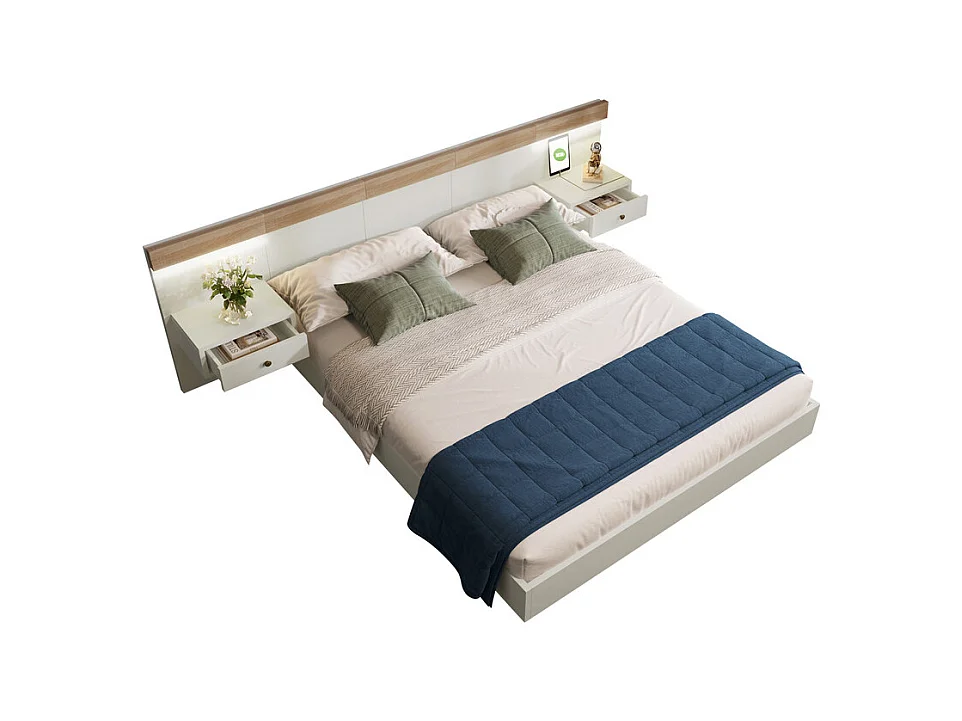 Lit double 180×200cm avec 2 veilleuse LED, 2 tiroirs de chevet à rangement et USB/Type C/Prise eu, Blanc