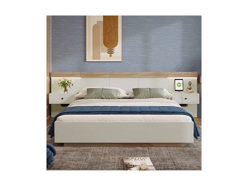 Lit double 180×200cm avec 2 veilleuse LED, 2 tiroirs de chevet à rangement et USB/Type C/Prise eu, Blanc