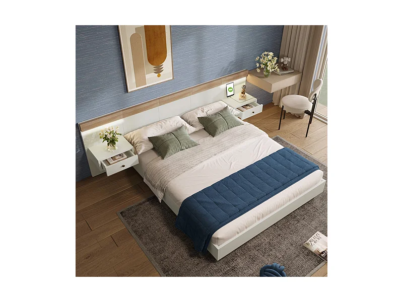 Lit double 180×200cm avec 2 veilleuse LED, 2 tiroirs de chevet à rangement et USB/Type C/Prise eu, Blanc