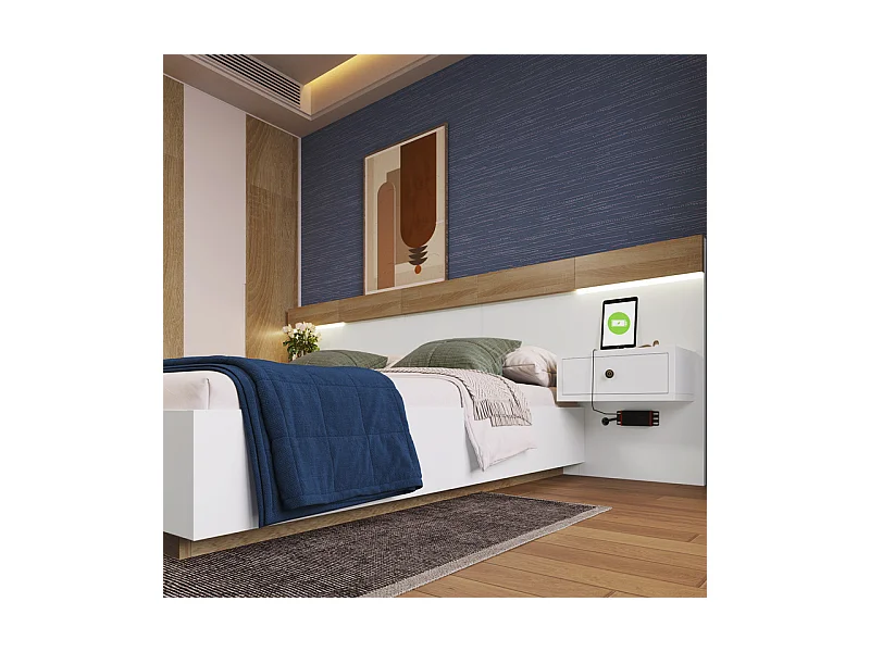 Lit double 180×200cm avec 2 veilleuse LED, 2 tiroirs de chevet à rangement et USB/Type C/Prise eu, Blanc