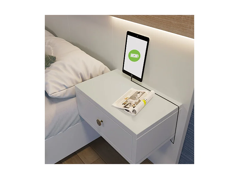 Lit double 180×200cm avec 2 veilleuse LED, 2 tiroirs de chevet à rangement et USB/Type C/Prise eu, Blanc