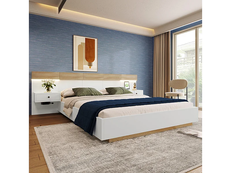 Lit double 180×200cm avec 2 veilleuse LED, 2 tiroirs de chevet à rangement et USB/Type C/Prise eu, Blanc