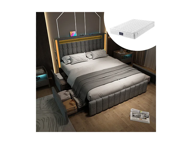 Lit capitonné 160x200cm avec matelas, 4 tiroirs, LED + Prises USB + Type C, Tissu lin - Gris