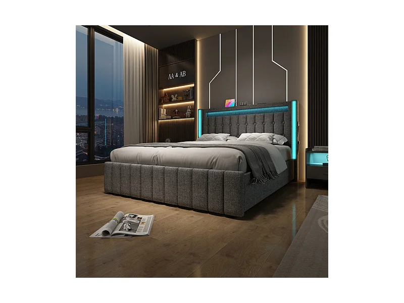 Lit capitonné 160x200cm avec matelas, 4 tiroirs, LED + Prises USB + Type C, Tissu lin - Gris